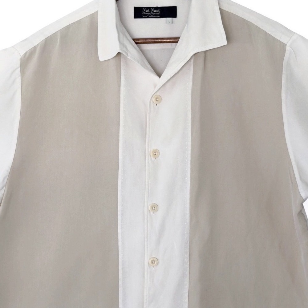 Nat Nast Luxury Originals Silk Bowling Shirt Mens Large Tan Cream Two Tone Logo